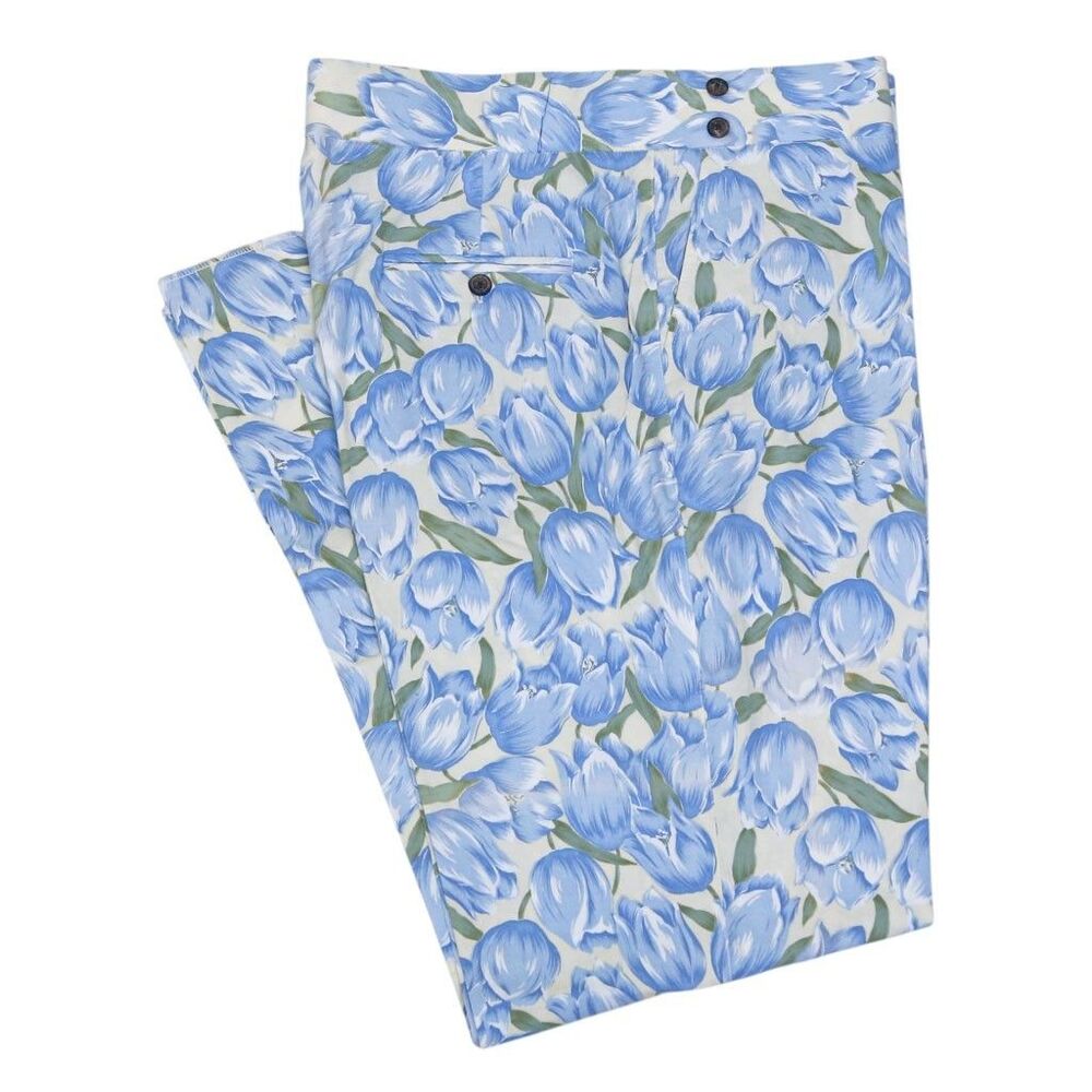 Mens Gurkha Pants 37 Blue Green Floral Cotton Straight Fit Flat Front Trousers